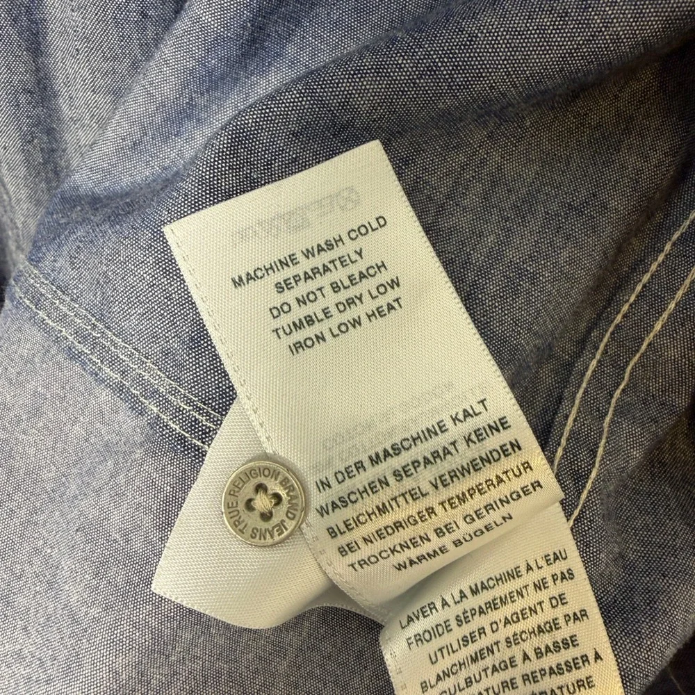 True Religion Slim Fit Patchwork Chambray Button Down Shirt Blue Mens M Denim